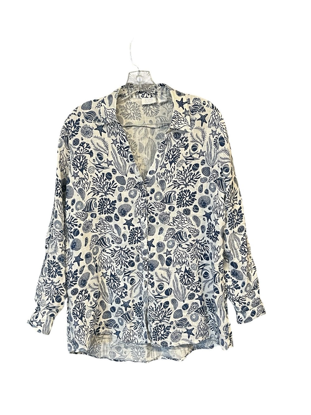 Sigrid Olsen Linen Roll Tab Tunic Blouse Women M Ivory Blue Coastal High Low